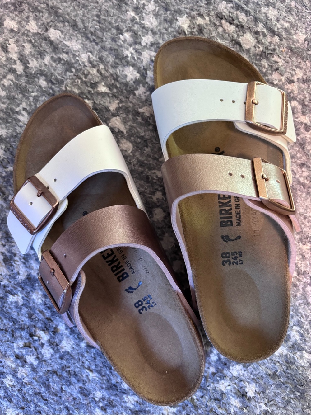 Birkenstock Womens Two-Band Sandals in White and Rose Gold